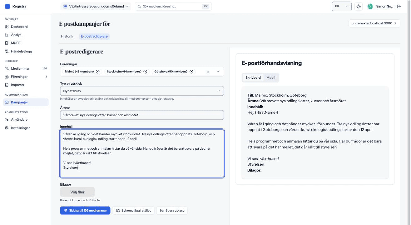 Utskick i Registra, med mottagare, schemaläggning och leveransen per mottagare.